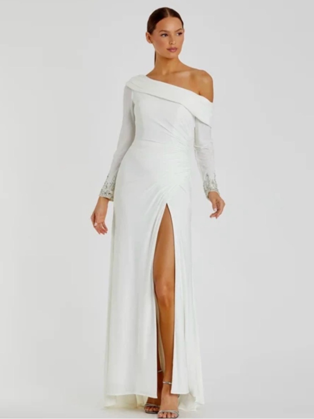 MAC DUGGAL White One Shoulder Ruched Embellished Sleeve Gown Size 6